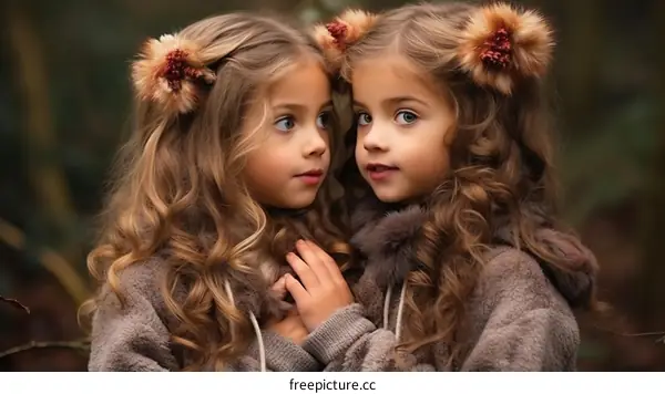 Two little girls with long blond hair and blue eyes looking at each other in a forest