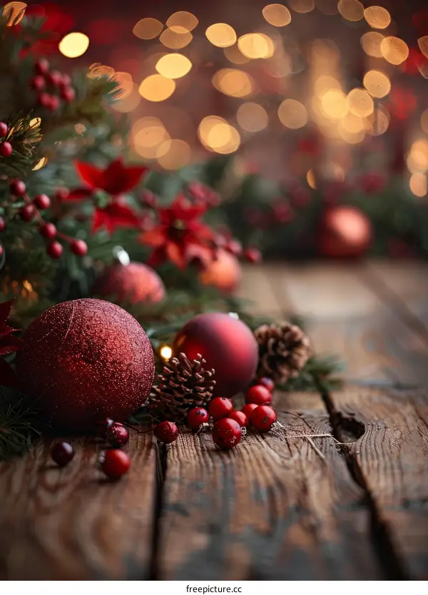 Christmas Ornaments in Red and Green on a Wooden Table