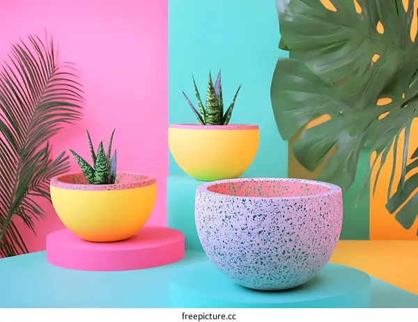 Colorful Potted Plants with Tropical Leaves