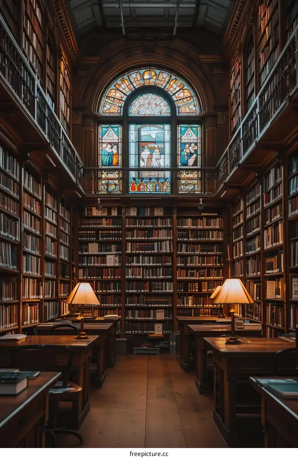 ornate library interior with stained glass windows and wooden bookshelves