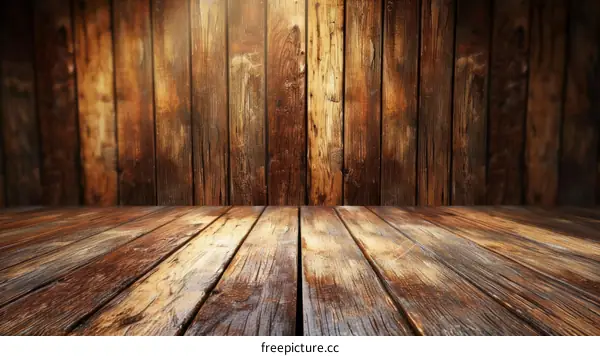 Old wooden table with spotlight on the wall