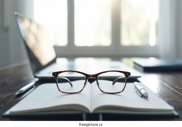 An open book with glasses on a desk
