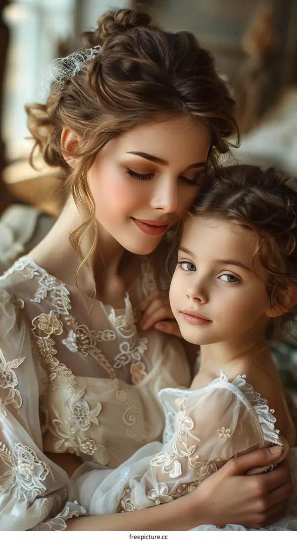An elegant mother and daughter in vintage dresses