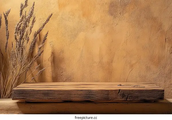 Rustic Wooden Display Shelf Against a Warm Beige Wall