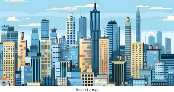 Blue Sky Cityscape with Buildings and Clouds Illustration