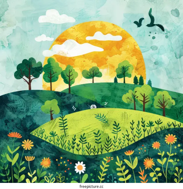 vibrant green rolling hills landscape illustration