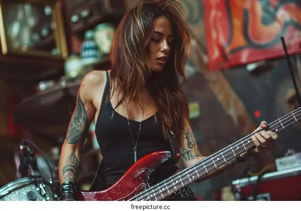 Portrait of a Female Musician Playing Bass Guitar