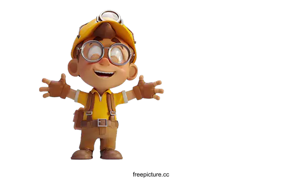 [Transparent Background PNG]A 3D illustration of a boy wearing a yellow hard hat and brown goggles