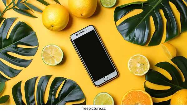 Summer Flat Lay with Smartphone and Citrus Fruit