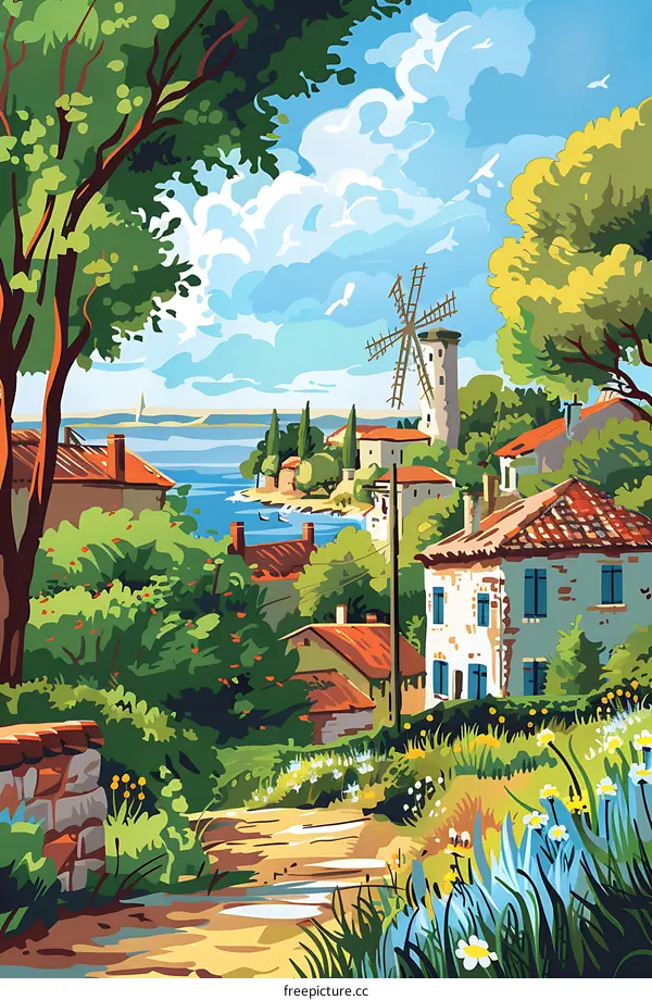 Watercolor Painting of a Charming European Village with Windmill