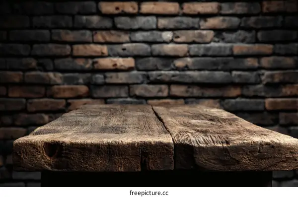 Rustic Wooden Table Top Against Brick Wall