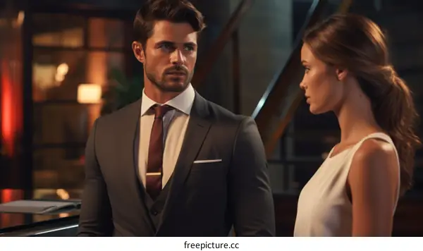 A man and a woman are standing in a room. The man is wearing a suit and tie, and the woman is wearing a white dress. They are both looking at each other with serious expressions.