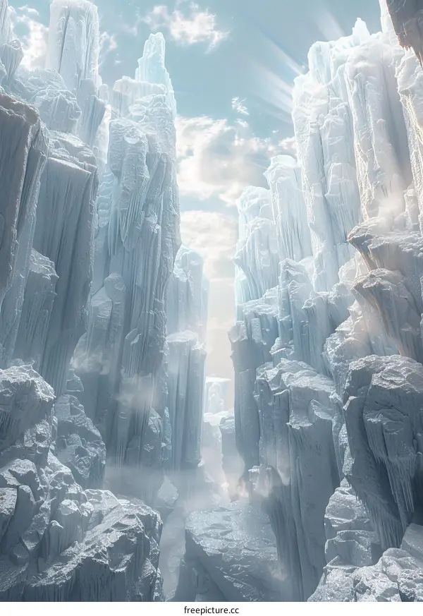 Ice formations in a deep canyon with a narrow opening to the sky