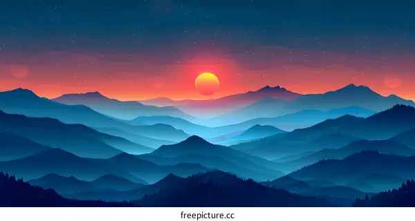 Blue and purple mountain landscape with a red and yellow sunset.