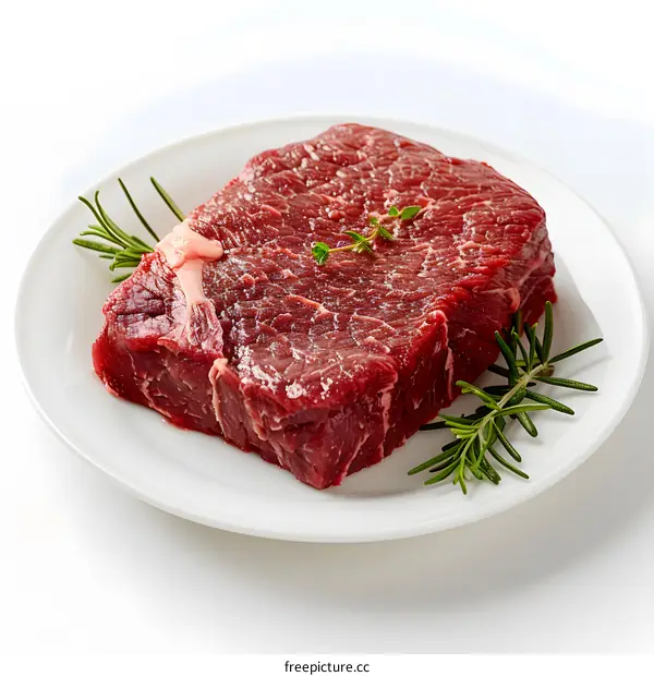 raw beef steak on white plate with rosemary