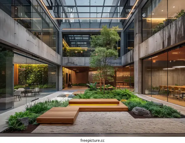 Modern office space atrium with plants and natural light