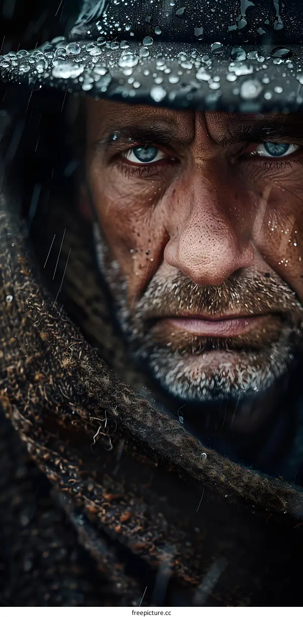 Portrait of a man in a hat with raindrops on his face
