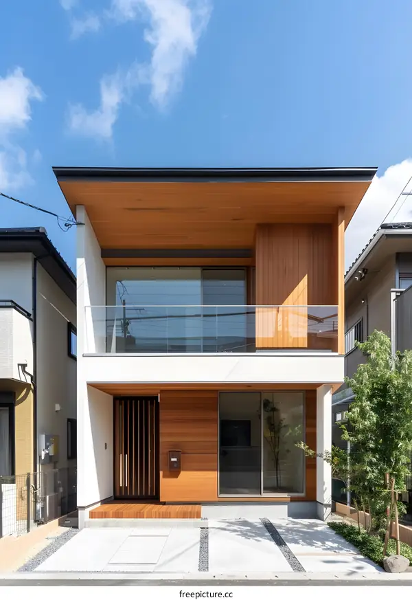 Modern Japanese Style House with Wooden Facade and Balcony
