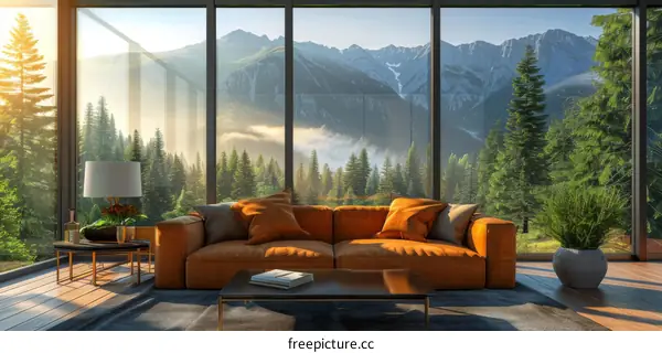 Modern living room interior with large windows and a beautiful mountain view