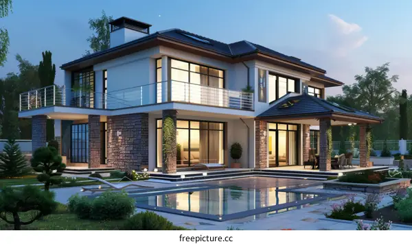 Modern Luxury House Exterior Evening Scene