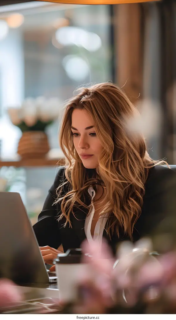 Young Woman Working on Laptop in Cafe