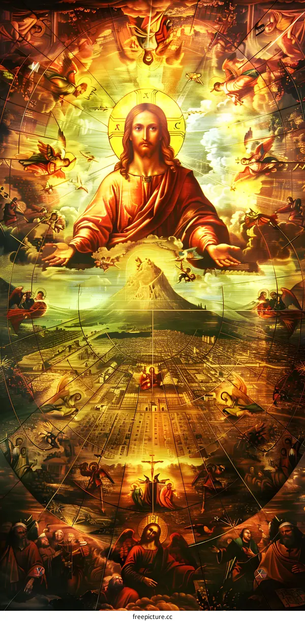 Jesus Christ Painting with Angels and Cityscape