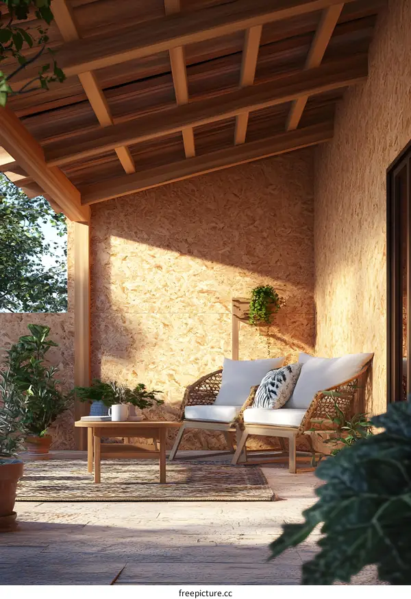 Modern Patio Design with Wooden Furniture and Plants