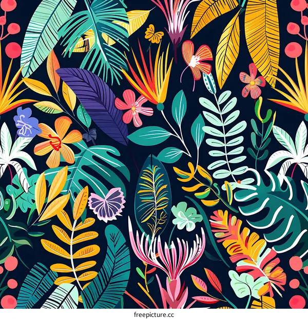 Tropical Leaves and Flowers Seamless Pattern