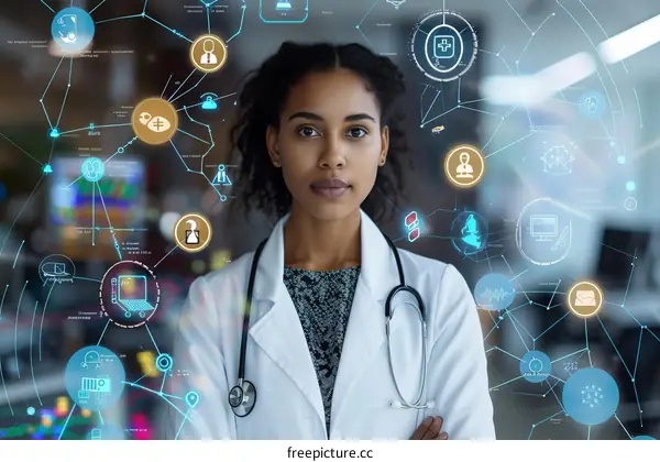 Female doctor in a white coat with stethoscope, working with a future medical interface