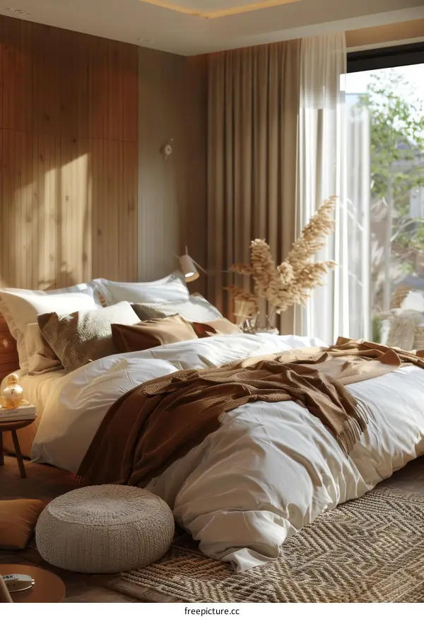 Cozy Bedroom Interior Design with Wooden Wall and Soft Lighting