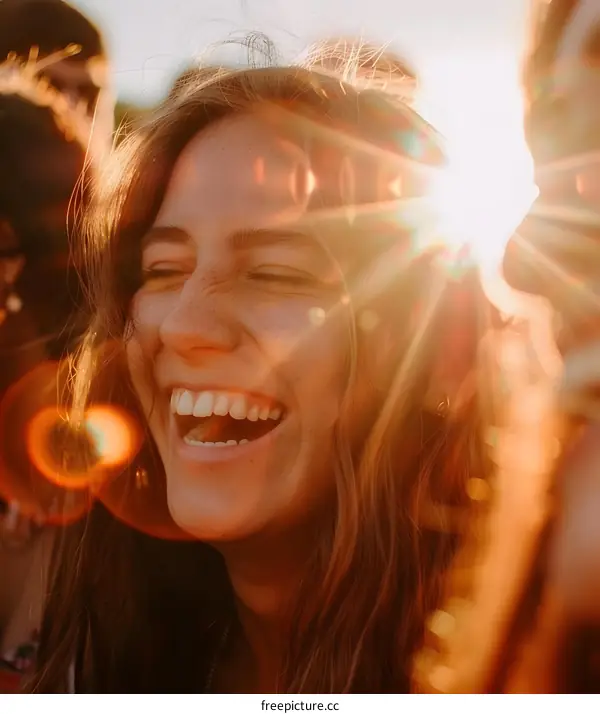 Happy woman laughing with sun flare in the background