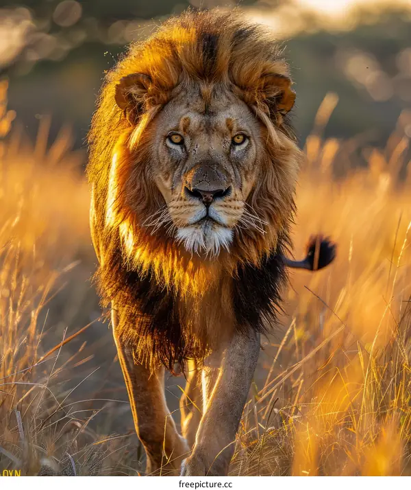 Lion walking in the savanna