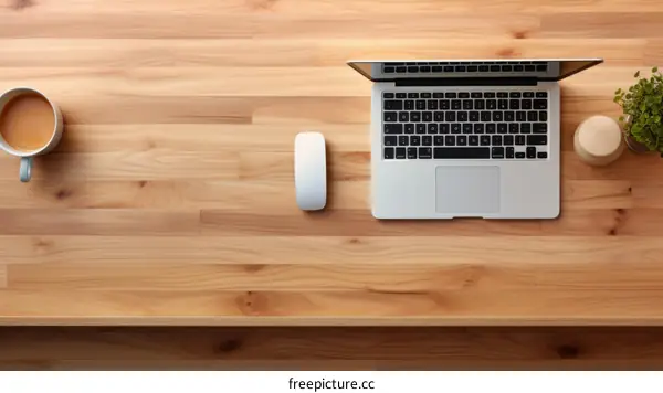 Wooden table with laptop, mouse, coffee cup and plant