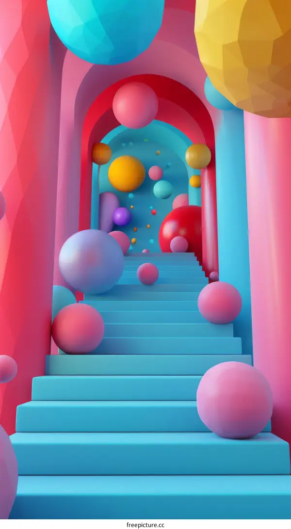 Colorful Geometric Stairway with Floating Balls