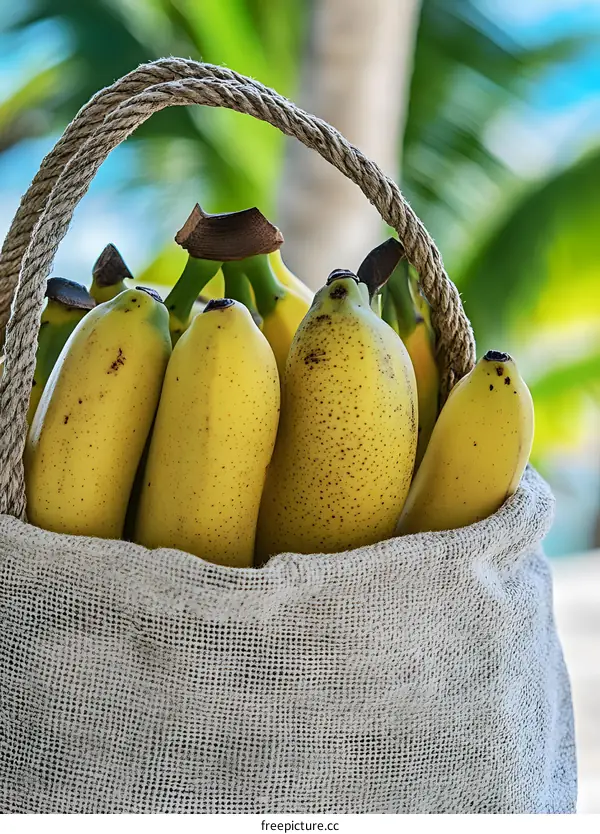 Fresh Yellow Bananas In A Rope Bag