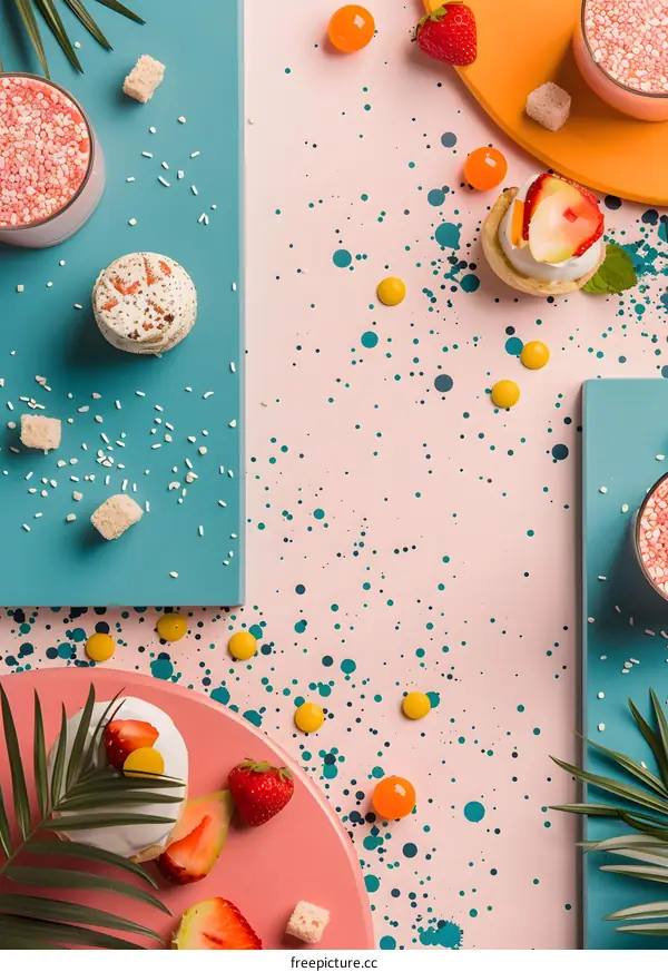 Pink and Blue Dessert Background with Sprinkles and Candy