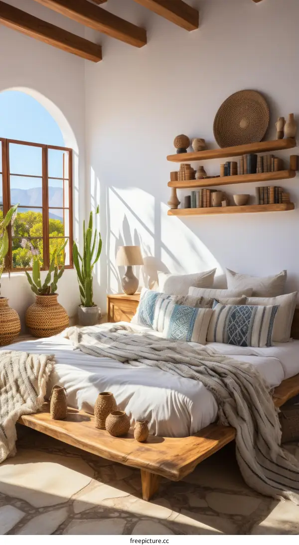 A bedroom with a large window, a bed, and a few pieces of furniture