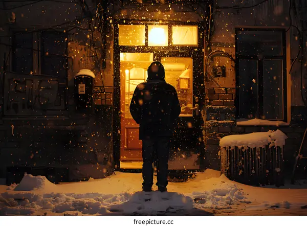 A man standing alone in the snow outside of a building at night