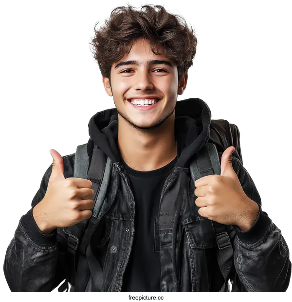 [Transparent Background PNG]Smiling Teenager with a Backpack Giving a Thumbs Up