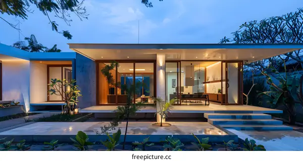 Modern Minimalist Home Exterior with Stone Patio and Tropical Plants