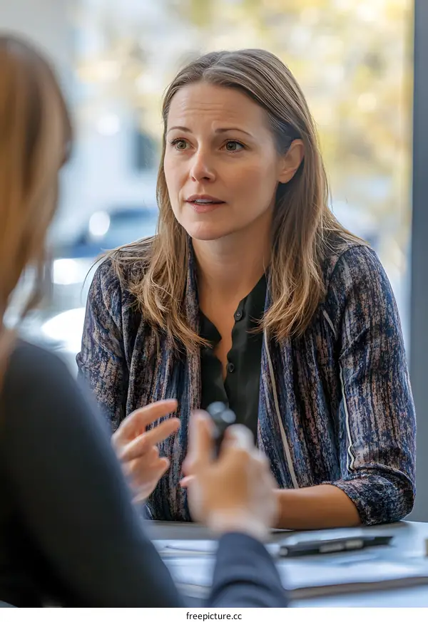 Businesswoman Talking to a Colleague During a Meeting in an Office