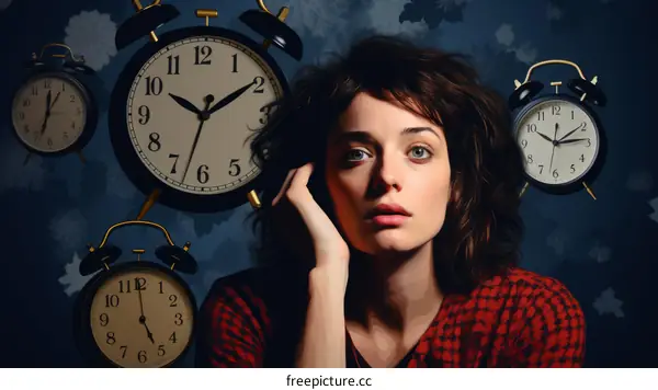 A young woman looking at the alarm clock with a worried expression