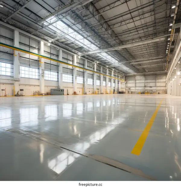 An empty airplane hangar with shiny reflective floor