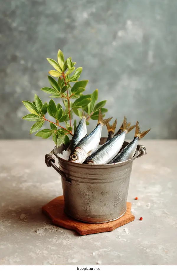 Fresh Small Fish in a Metal Bucket with Herbs