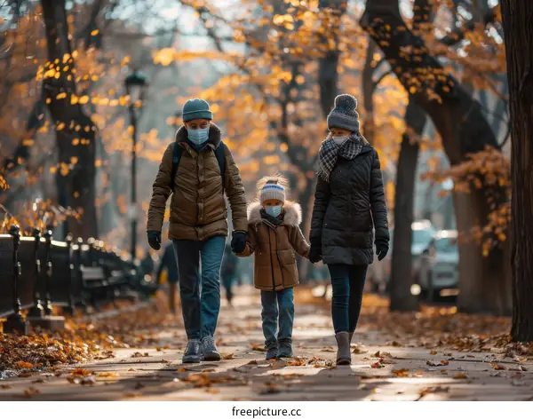 Family wearing protective masks walking in autumn park