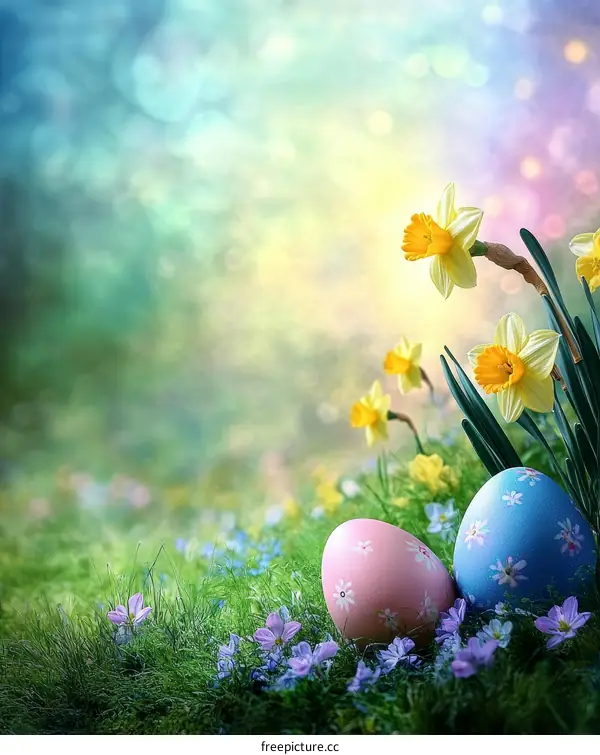 Easter Scene with Colorful Eggs and Flowers