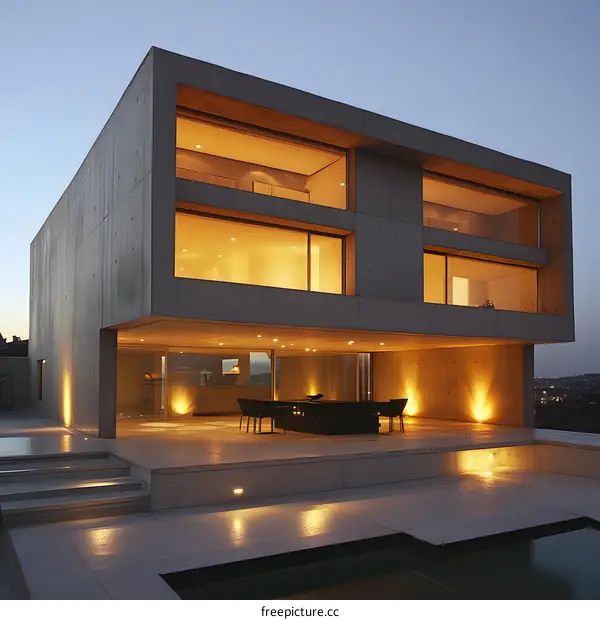 Modern Concrete House with Large Windows and a Swimming Pool