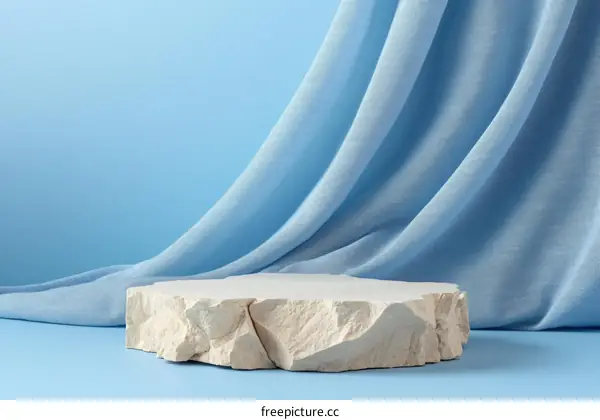 Abstract Light Beige Stone Product Display with Blue Fabric