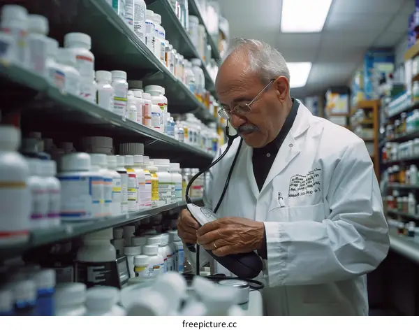 A pharmacist wearing a white coat and stethoscope holds a blood pressure monitor in a pharmacy.