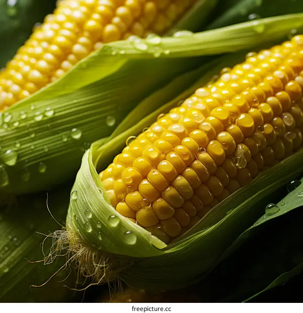 Close-up of fresh corn on the cob with water drops